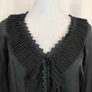 WHBM Black Satin Blouse XS V Neck Pleated Folds Puff Sleeves Whimsigoth Witchy